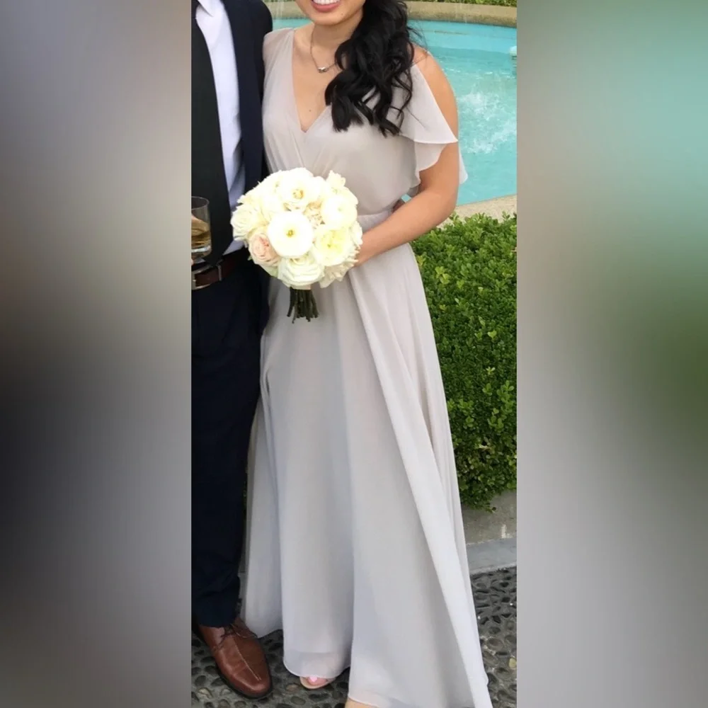 Jenny Yoo collection Elegant Dove Grey Flutter Sleeve Full Length Formal Dress - Picture 1 of 8